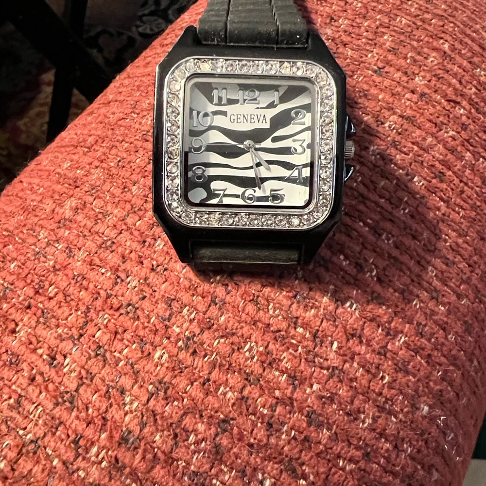 Geneva Black Watch with Zebra Dial and Crystal Bezel
